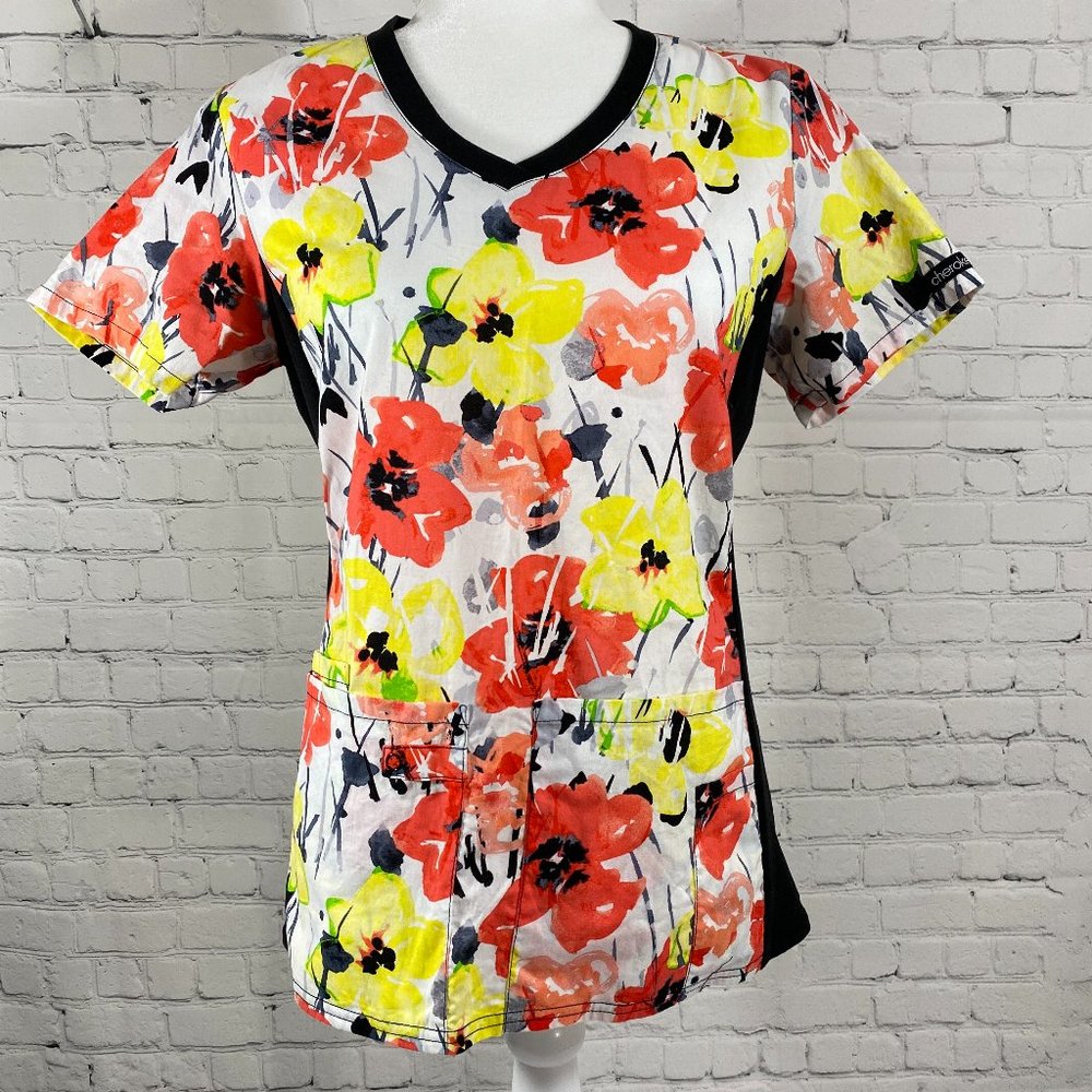 Cherokee Flexibles Nursing Scrub Top 4 Pocket White Floral Pattern Women’s XS